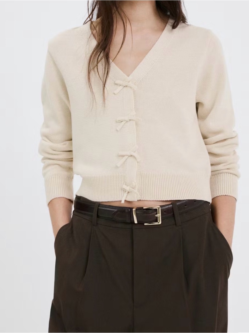 Mango Cream V-Neck Bow-Tie Crop Sweater